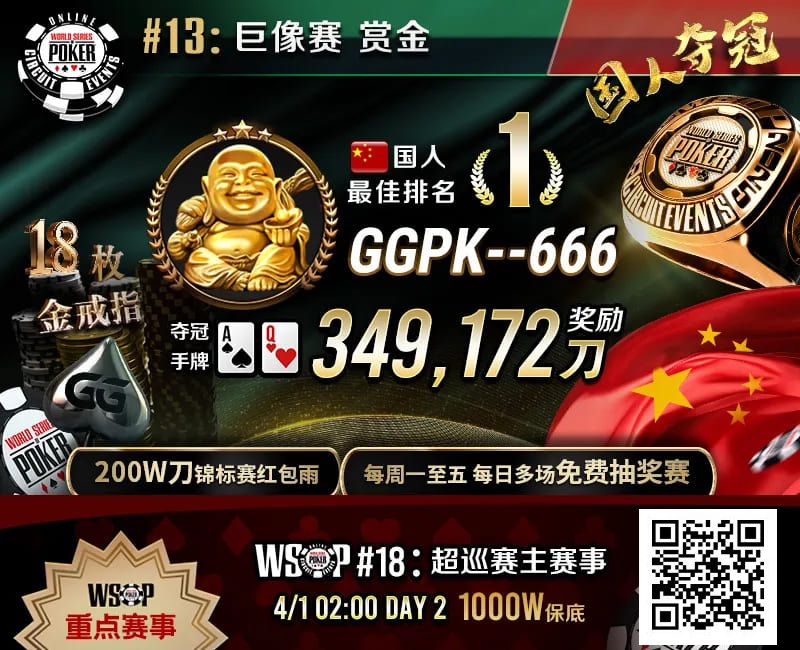 【WPT扑克】素人圆梦WSOP！中国选手GGPK&#8211;666斩获巨像赛金戒指，奖励＋赏金近35W刀！