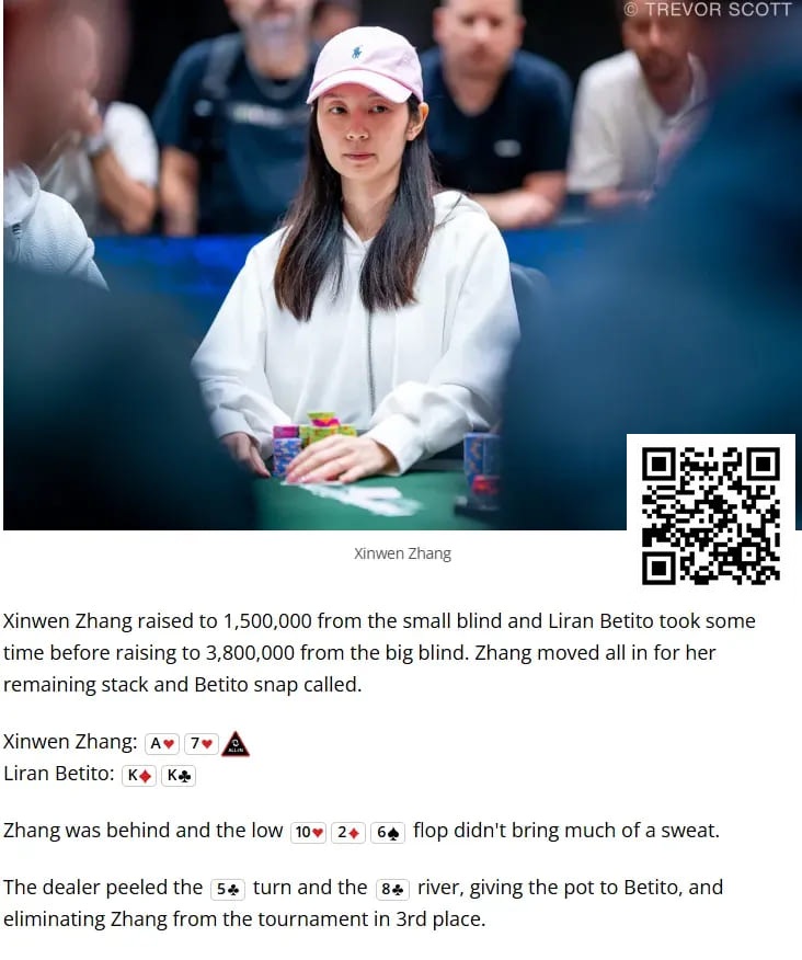 【WPT扑克】中国女性牌手Xinwen Zhang获WSOP $1,500超快速赏金赛第三名