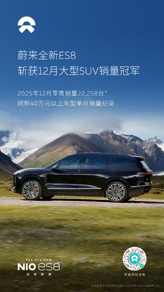 【WPT扑克】蔚来：2025年12月全新ES8单月零售销量达22258台